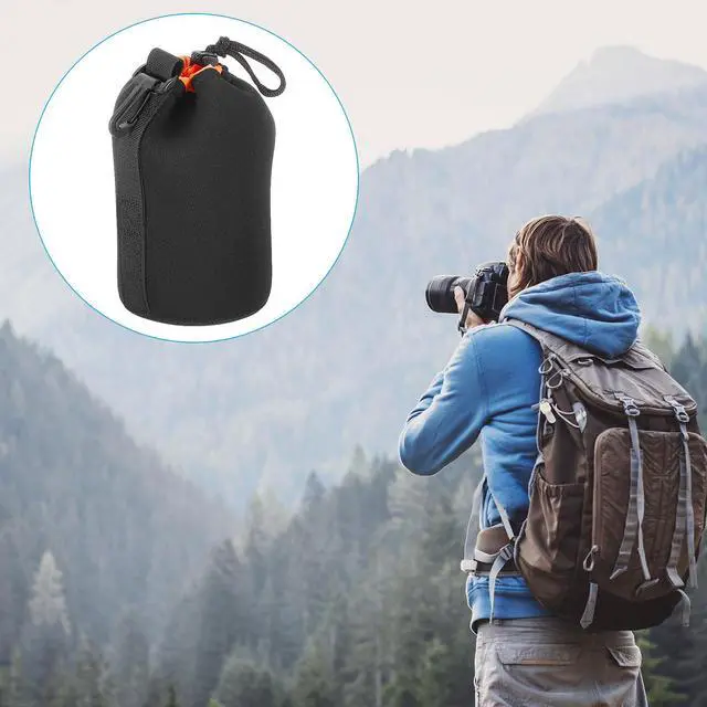 Alt view image 7 of 7 - Camera Lens Bag - 3.7" x 7.1" Drawstring Lens Pouch with Thick Protective Neoprene, Case for DSLR Camera Lenses, Water-Resistant, Black, Orange