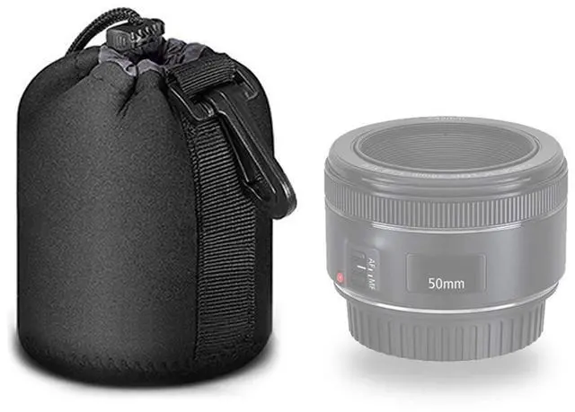 Main image of Small Drawstring Lens Pouch Black Neoprene DSLR Camera Lens Bag | Compatible with Sony Olympus Panasonic