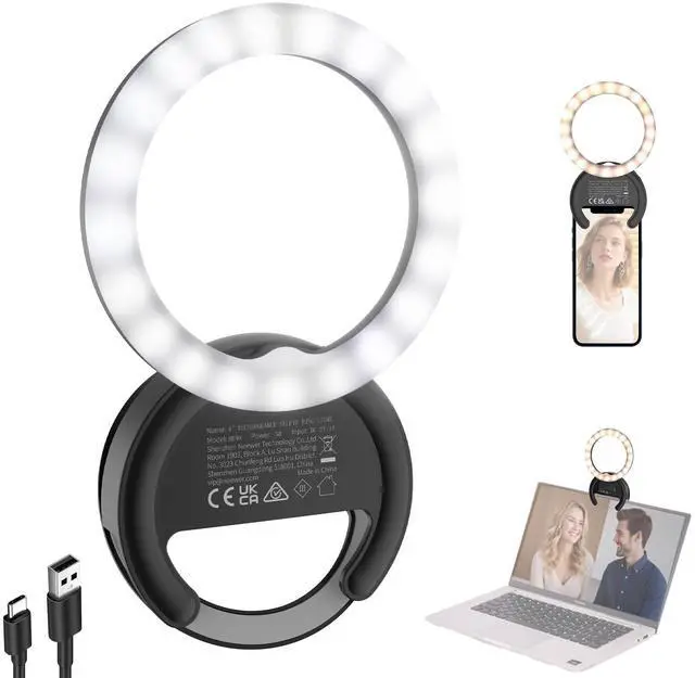 Main image of Entry Level Version 4" Phone Selfie Ring Light Compatible with iPhone, 5W Bi Color Rechargeable Clip Lighting with 500mAh/CRI85 for Video Recording Makeup Laptop Webcam Video Conference, BR40