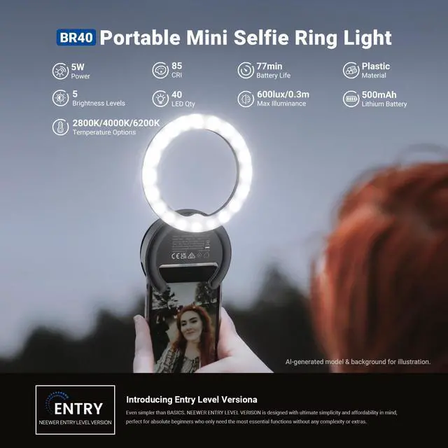 Alt view image 2 of 7 - Entry Level Version 4" Phone Selfie Ring Light Compatible with iPhone, 5W Bi Color Rechargeable Clip Lighting with 500mAh/CRI85 for Video Recording Makeup Laptop Webcam Video Conference, BR40