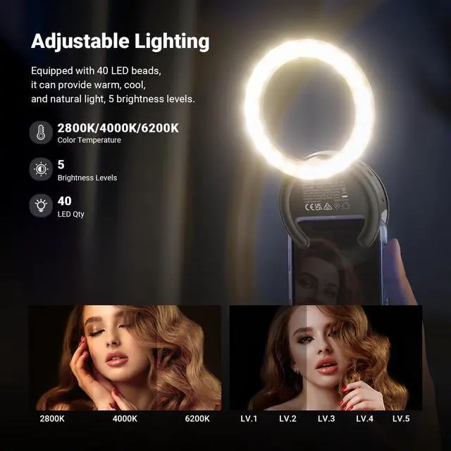 Alt view image 3 of 7 - Entry Level Version 4" Phone Selfie Ring Light Compatible with iPhone, 5W Bi Color Rechargeable Clip Lighting with 500mAh/CRI85 for Video Recording Makeup Laptop Webcam Video Conference, BR40