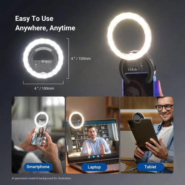 Alt view image 4 of 7 - Entry Level Version 4" Phone Selfie Ring Light Compatible with iPhone, 5W Bi Color Rechargeable Clip Lighting with 500mAh/CRI85 for Video Recording Makeup Laptop Webcam Video Conference, BR40