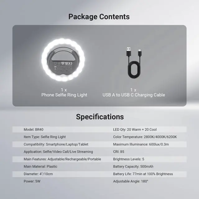 Alt view image 7 of 7 - Entry Level Version 4" Phone Selfie Ring Light Compatible with iPhone, 5W Bi Color Rechargeable Clip Lighting with 500mAh/CRI85 for Video Recording Makeup Laptop Webcam Video Conference, BR40