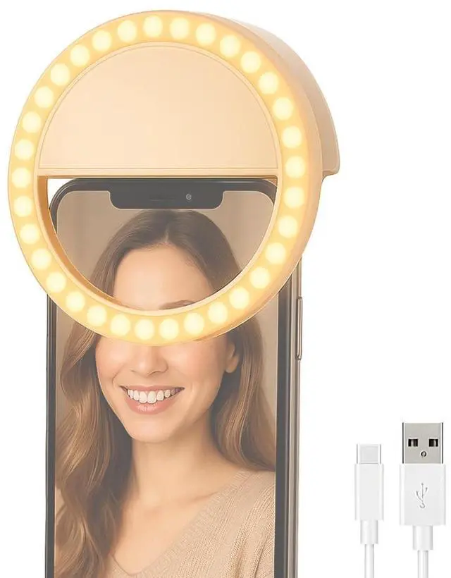 Main image of Selfie Ring Light Rechargeable, Clip-On Rechargeable LED Light with 3 Adjustable Brightness Levels, Portable Phone, Tablet, Laptop Camera Video Lighting (White)