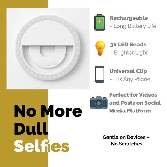 Alt view image 2 of 5 - Selfie Ring Light Rechargeable, Clip-On Rechargeable LED Light with 3 Adjustable Brightness Levels, Portable Phone, Tablet, Laptop Camera Video Lighting (White)