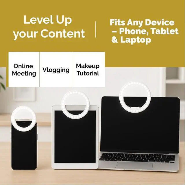 Alt view image 4 of 5 - Selfie Ring Light Rechargeable, Clip-On Rechargeable LED Light with 3 Adjustable Brightness Levels, Portable Phone, Tablet, Laptop Camera Video Lighting (White)