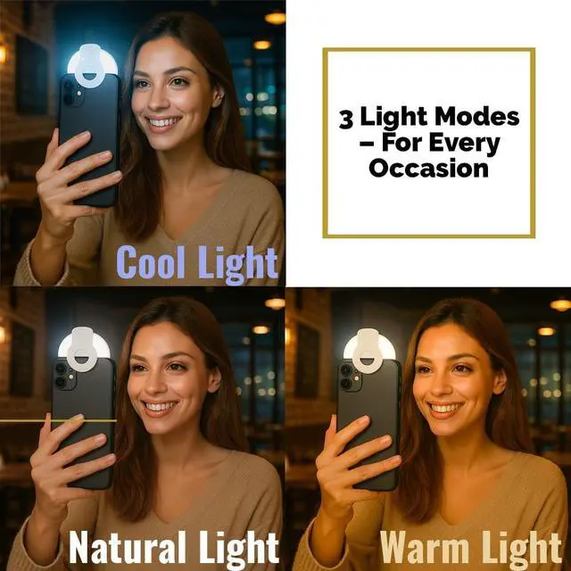 Alt view image 5 of 5 - Selfie Ring Light Rechargeable, Clip-On Rechargeable LED Light with 3 Adjustable Brightness Levels, Portable Phone, Tablet, Laptop Camera Video Lighting (White)
