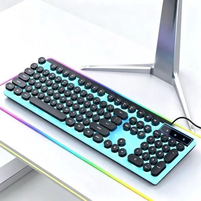 Main image of Vintage Round Keycaps Wired Keyboard with RGB LED Backlight, Quiet Gaming Keyboard for PC, Laptop, Desktop, Office & Home(Black)