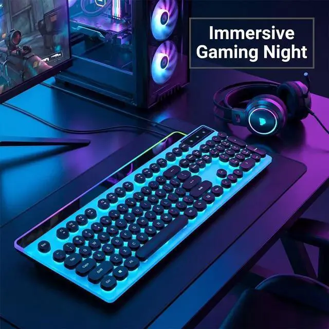 Alt view image 2 of 7 - Vintage Round Keycaps Wired Keyboard with RGB LED Backlight, Quiet Gaming Keyboard for PC, Laptop, Desktop, Office & Home(Black)