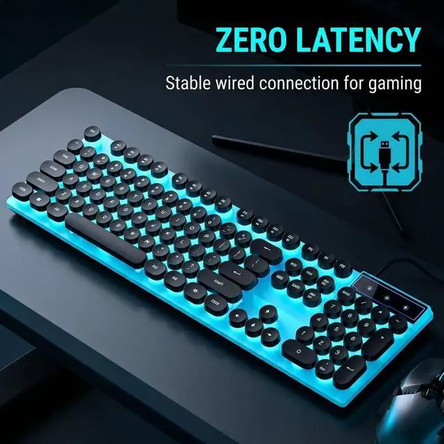 Alt view image 3 of 7 - Vintage Round Keycaps Wired Keyboard with RGB LED Backlight, Quiet Gaming Keyboard for PC, Laptop, Desktop, Office & Home(Black)