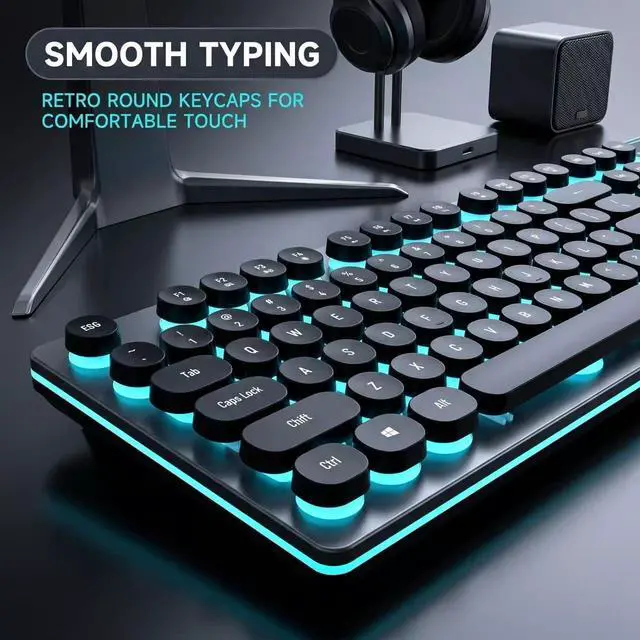 Alt view image 5 of 7 - Vintage Round Keycaps Wired Keyboard with RGB LED Backlight, Quiet Gaming Keyboard for PC, Laptop, Desktop, Office & Home(Black)