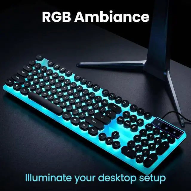 Alt view image 4 of 7 - Vintage Round Keycaps Wired Keyboard with RGB LED Backlight, Quiet Gaming Keyboard for PC, Laptop, Desktop, Office & Home(Black)