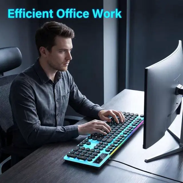 Alt view image 6 of 7 - Vintage Round Keycaps Wired Keyboard with RGB LED Backlight, Quiet Gaming Keyboard for PC, Laptop, Desktop, Office & Home(Black)