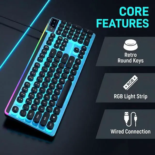 Alt view image 7 of 7 - Vintage Round Keycaps Wired Keyboard with RGB LED Backlight, Quiet Gaming Keyboard for PC, Laptop, Desktop, Office & Home(Black)