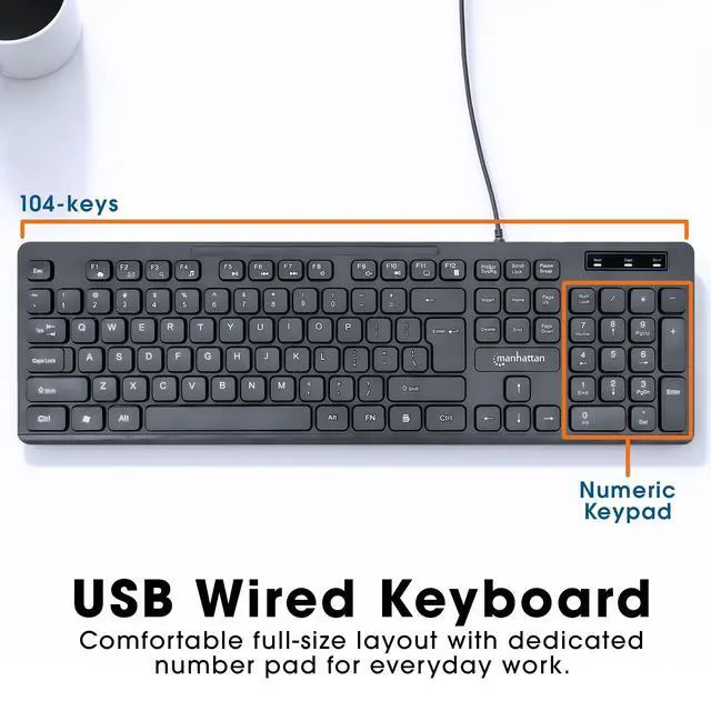 Alt view image 2 of 7 - Wired Keyboard Enhanced II, 104-Key USB-A, Spill-Resistant | Black office input device with number pad, 12 hotkeys, LED lock lights and nonslip rubber feet for daily typing