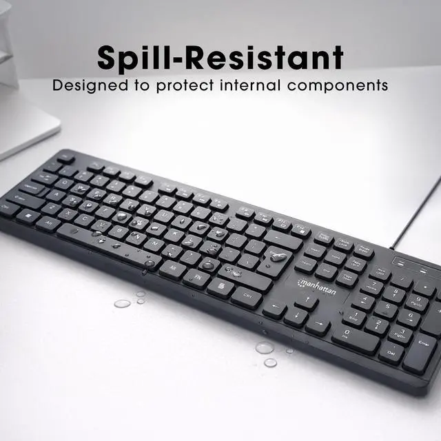 Alt view image 6 of 7 - Wired Keyboard Enhanced II, 104-Key USB-A, Spill-Resistant | Black office input device with number pad, 12 hotkeys, LED lock lights and nonslip rubber feet for daily typing