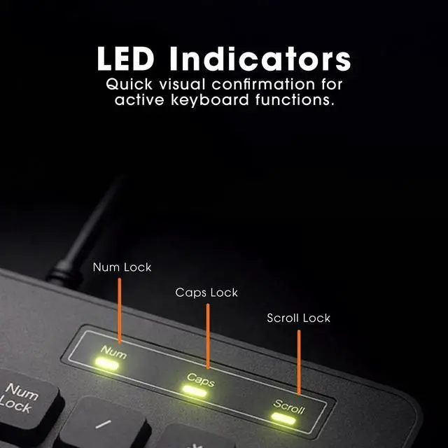 Alt view image 7 of 7 - Wired Keyboard Enhanced II, 104-Key USB-A, Spill-Resistant | Black office input device with number pad, 12 hotkeys, LED lock lights and nonslip rubber feet for daily typing