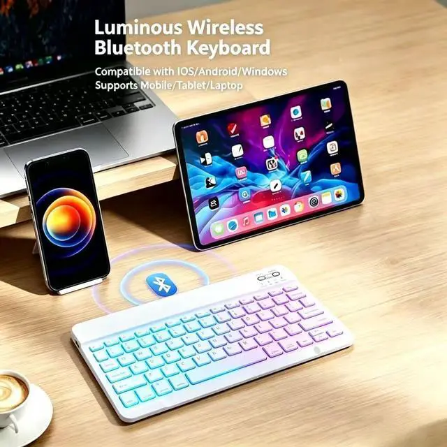 Alt view image 6 of 7 - Mini Bluetooth Keyboard, Small Portable Wireless Rechargeable Keyboard with 7-Color RGB Backlit for iPad iPhone Android Samsung Tablet Smartphone(White)