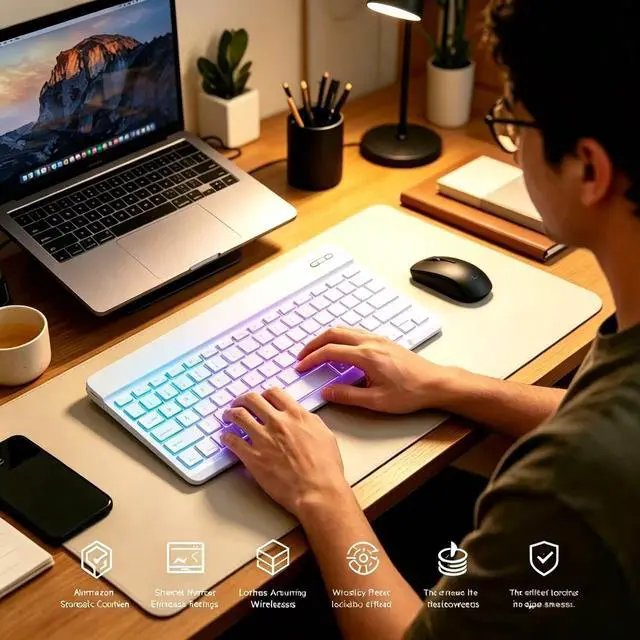 Alt view image 7 of 7 - Mini Bluetooth Keyboard, Small Portable Wireless Rechargeable Keyboard with 7-Color RGB Backlit for iPad iPhone Android Samsung Tablet Smartphone(White)