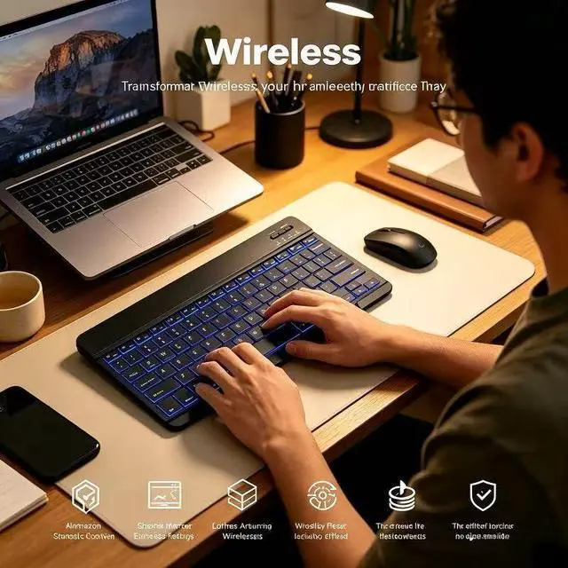 Alt view image 2 of 7 - Mini Bluetooth Keyboard, Small Portable Wireless Rechargeable Keyboard with 7-Color RGB Backlit for iPad iPhone Android Samsung Tablet Smartphone (Black)