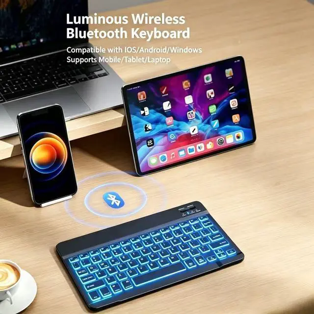 Alt view image 4 of 7 - Mini Bluetooth Keyboard, Small Portable Wireless Rechargeable Keyboard with 7-Color RGB Backlit for iPad iPhone Android Samsung Tablet Smartphone (Black)