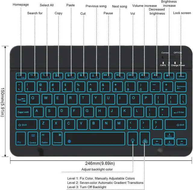 Alt view image 7 of 7 - Mini Bluetooth Keyboard, Small Portable Wireless Rechargeable Keyboard with 7-Color RGB Backlit for iPad iPhone Android Samsung Tablet Smartphone (Black)