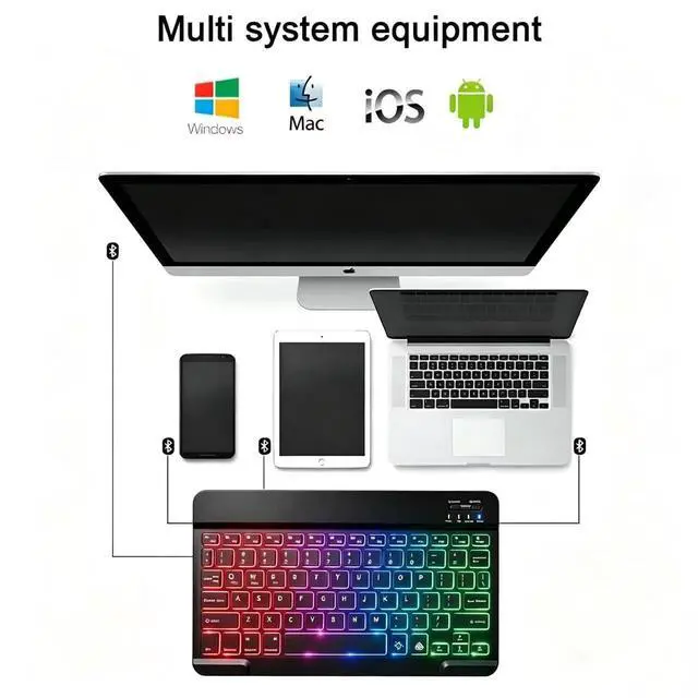 Alt view image 2 of 7 - Mini Bluetooth Keyboard, Small Portable Wireless Rechargeable Keyboard with 7-Color RGB Backlit for iPad iPhone Android Samsung Tablet Smartphone (Black)