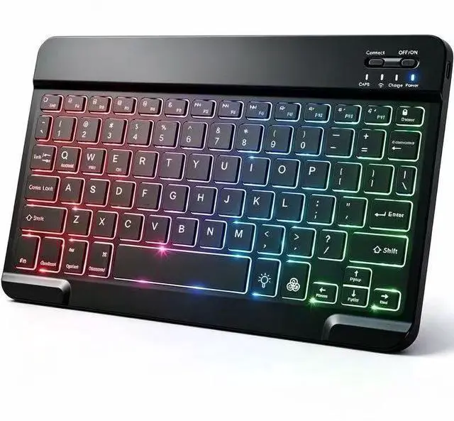 Main image of Mini Bluetooth Keyboard, Small Portable Wireless Rechargeable Keyboard with 7-Color RGB Backlit for iPad iPhone Android Samsung Tablet Smartphone (Black)
