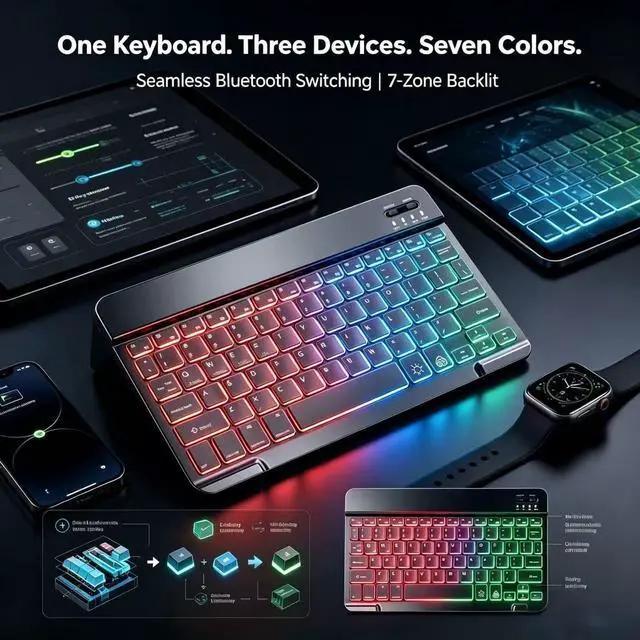 Alt view image 3 of 7 - Mini Bluetooth Keyboard, Small Portable Wireless Rechargeable Keyboard with 7-Color RGB Backlit for iPad iPhone Android Samsung Tablet Smartphone (Black)