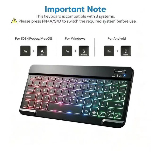 Alt view image 5 of 7 - Mini Bluetooth Keyboard, Small Portable Wireless Rechargeable Keyboard with 7-Color RGB Backlit for iPad iPhone Android Samsung Tablet Smartphone (Black)