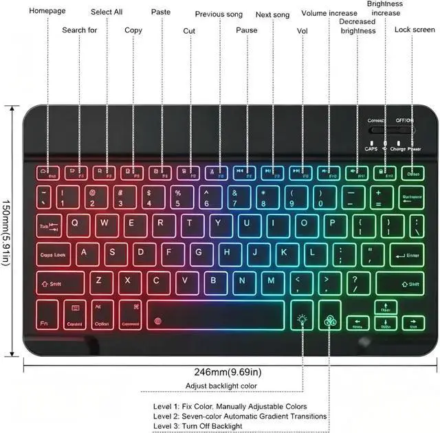 Alt view image 4 of 7 - Mini Bluetooth Keyboard, Small Portable Wireless Rechargeable Keyboard with 7-Color RGB Backlit for iPad iPhone Android Samsung Tablet Smartphone (Black)