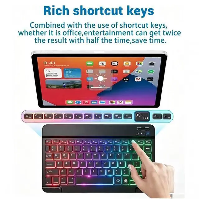 Alt view image 6 of 7 - Mini Bluetooth Keyboard, Small Portable Wireless Rechargeable Keyboard with 7-Color RGB Backlit for iPad iPhone Android Samsung Tablet Smartphone (Black)