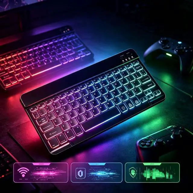 Alt view image 7 of 7 - Mini Bluetooth Keyboard, Small Portable Wireless Rechargeable Keyboard with 7-Color RGB Backlit for iPad iPhone Android Samsung Tablet Smartphone (Black)