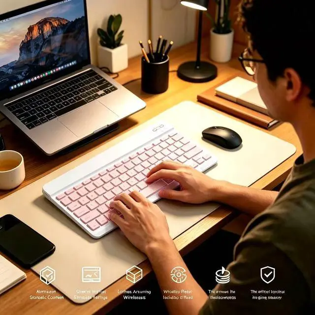 Alt view image 2 of 7 - Mini Bluetooth Keyboard, Small Portable Wireless Rechargeable Keyboard with 7-Color RGB Backlit for iPad iPhone Android Samsung Tablet Smartphone((Pink)