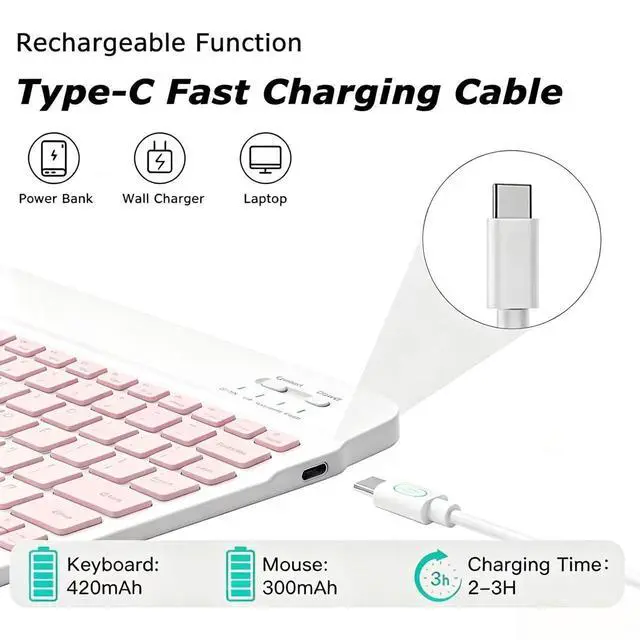 Alt view image 3 of 7 - Mini Bluetooth Keyboard, Small Portable Wireless Rechargeable Keyboard with 7-Color RGB Backlit for iPad iPhone Android Samsung Tablet Smartphone((Pink)