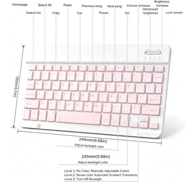 Alt view image 4 of 7 - Mini Bluetooth Keyboard, Small Portable Wireless Rechargeable Keyboard with 7-Color RGB Backlit for iPad iPhone Android Samsung Tablet Smartphone((Pink)