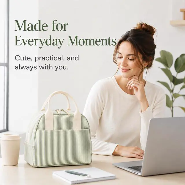 Alt view image 2 of 7 - Lunch Box for Women, Insulated Lunch Bag, Green Stripe Tote | Fresh Green Stripe Design, Stylish Lunch Tote Style for Women, Perfect for Office Work, Daily Meals & Everyday Carry Use
