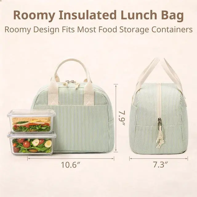 Alt view image 4 of 7 - Lunch Box for Women, Insulated Lunch Bag, Green Stripe Tote | Fresh Green Stripe Design, Stylish Lunch Tote Style for Women, Perfect for Office Work, Daily Meals & Everyday Carry Use