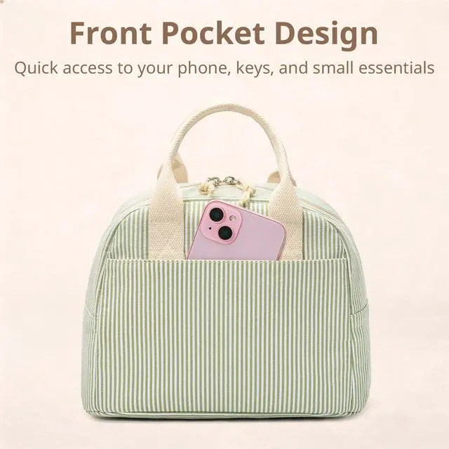 Alt view image 7 of 7 - Lunch Box for Women, Insulated Lunch Bag, Green Stripe Tote | Fresh Green Stripe Design, Stylish Lunch Tote Style for Women, Perfect for Office Work, Daily Meals & Everyday Carry Use