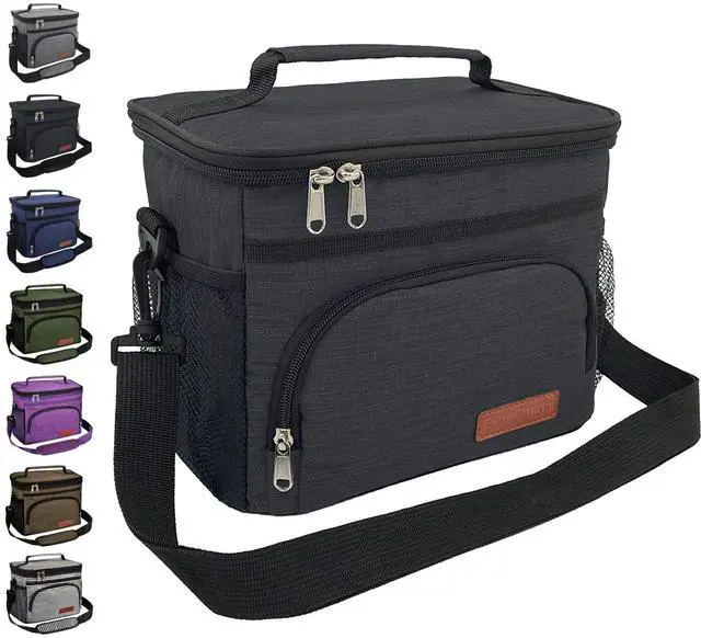Main image of Insulated Lunch Bag for Women/Men - Reusable Lunch Box for Office Picnic Hiking Beach - Leakproof Cooler Tote Bag Organizer with Adjustable Shoulder Strap for Adults - Black