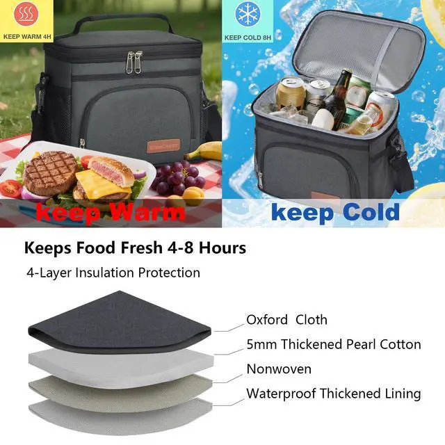 Alt view image 2 of 7 - Insulated Lunch Bag for Women/Men - Reusable Lunch Box for Office Picnic Hiking Beach - Leakproof Cooler Tote Bag Organizer with Adjustable Shoulder Strap for Adults - Black