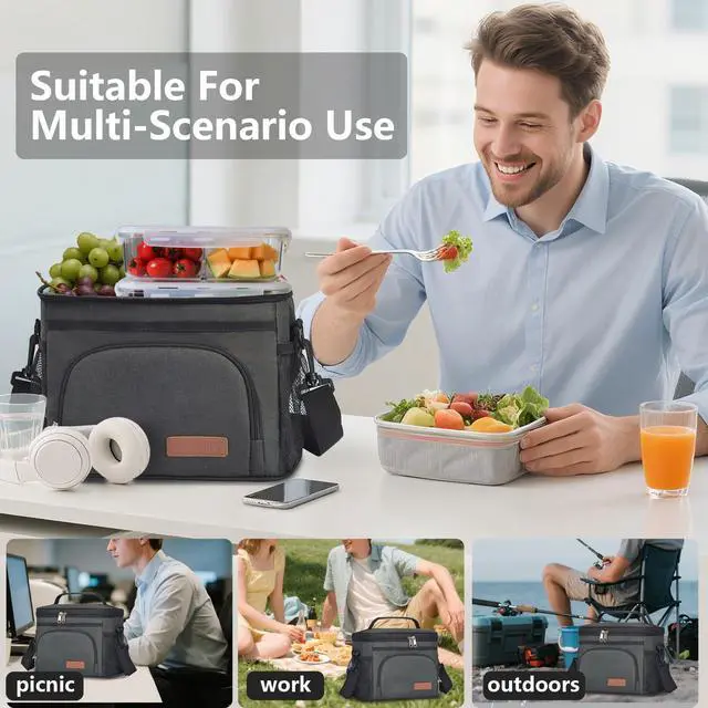 Alt view image 4 of 7 - Insulated Lunch Bag for Women/Men - Reusable Lunch Box for Office Picnic Hiking Beach - Leakproof Cooler Tote Bag Organizer with Adjustable Shoulder Strap for Adults - Black