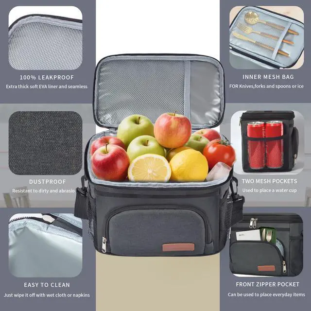 Alt view image 3 of 7 - Insulated Lunch Bag for Women/Men - Reusable Lunch Box for Office Picnic Hiking Beach - Leakproof Cooler Tote Bag Organizer with Adjustable Shoulder Strap for Adults - Black
