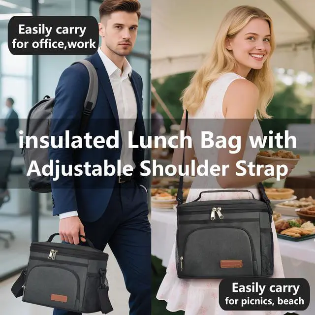 Alt view image 6 of 7 - Insulated Lunch Bag for Women/Men - Reusable Lunch Box for Office Picnic Hiking Beach - Leakproof Cooler Tote Bag Organizer with Adjustable Shoulder Strap for Adults - Black