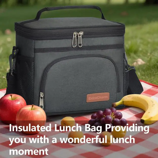 Alt view image 7 of 7 - Insulated Lunch Bag for Women/Men - Reusable Lunch Box for Office Picnic Hiking Beach - Leakproof Cooler Tote Bag Organizer with Adjustable Shoulder Strap for Adults - Black