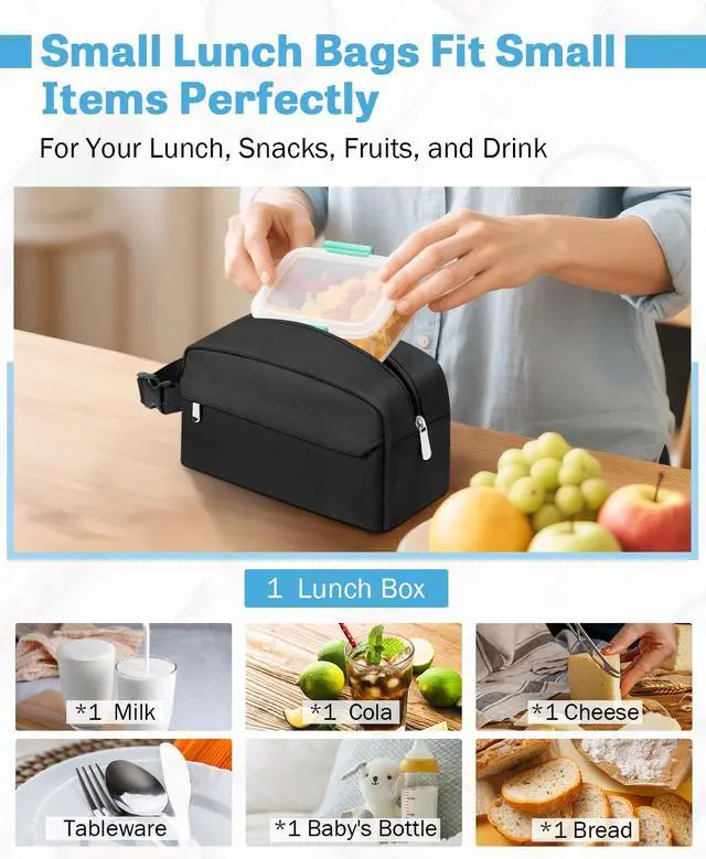 Alt view image 3 of 7 - Small Insulated Lunch Bag: Reusable Small Lunch Box, Mini Soft Cooler Bag | Collapsible Insulated Snack Bag, Snap-Buckle Carry Handle, 3L/5-Can Lunch Cooler for School, Work and Travel
