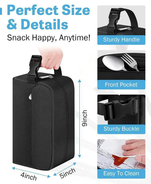 Alt view image 2 of 7 - Small Insulated Lunch Bag: Reusable Small Lunch Box, Mini Soft Cooler Bag | Collapsible Insulated Snack Bag, Snap-Buckle Carry Handle, 3L/5-Can Lunch Cooler for School, Work and Travel