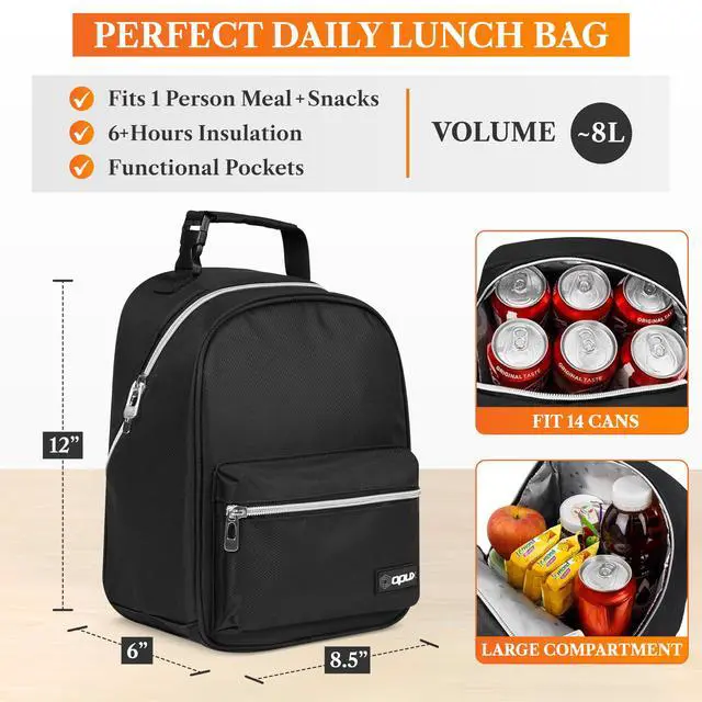 Alt view image 2 of 7 - Insulated Lunch Box for Kids and Adults, Soft Lunch Bag, Black | Reusable Thermal Lunchbox, Clip-On Buckle Handle, Dual Zippers, Front Pocket, Mesh Back Pocket, Leakproof BPA-Free Lining