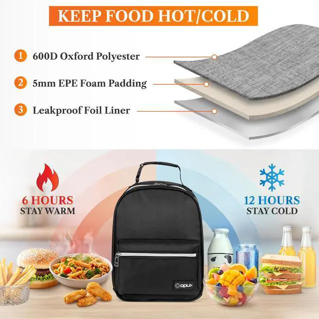 Alt view image 3 of 7 - Insulated Lunch Box for Kids and Adults, Soft Lunch Bag, Black | Reusable Thermal Lunchbox, Clip-On Buckle Handle, Dual Zippers, Front Pocket, Mesh Back Pocket, Leakproof BPA-Free Lining