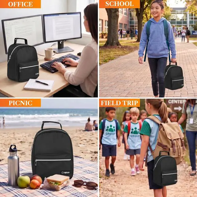 Alt view image 7 of 7 - Insulated Lunch Box for Kids and Adults, Soft Lunch Bag, Black | Reusable Thermal Lunchbox, Clip-On Buckle Handle, Dual Zippers, Front Pocket, Mesh Back Pocket, Leakproof BPA-Free Lining